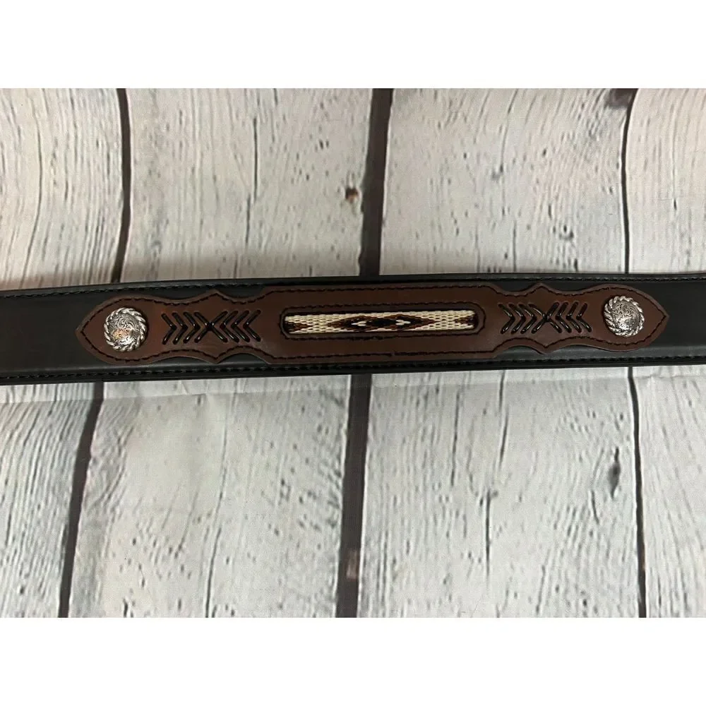 CAVENDER'S black brown embroidered southwestern aztec leather belt size 30 NWOT